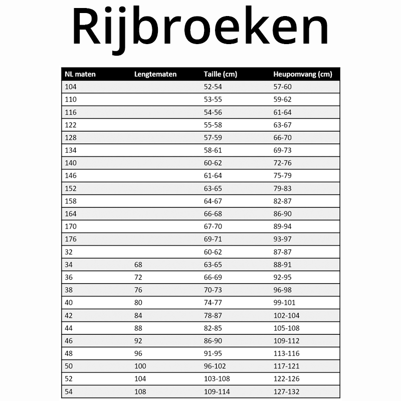 Maattabel paardijbroeken voor kids,- dames,- en heren